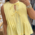 Yellow Cream Bow Tie Notched Neck Pleated Tank Top