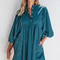 Blue Corduroy Snap Buttons Empire Waist Bracelet Sleeve Dress
