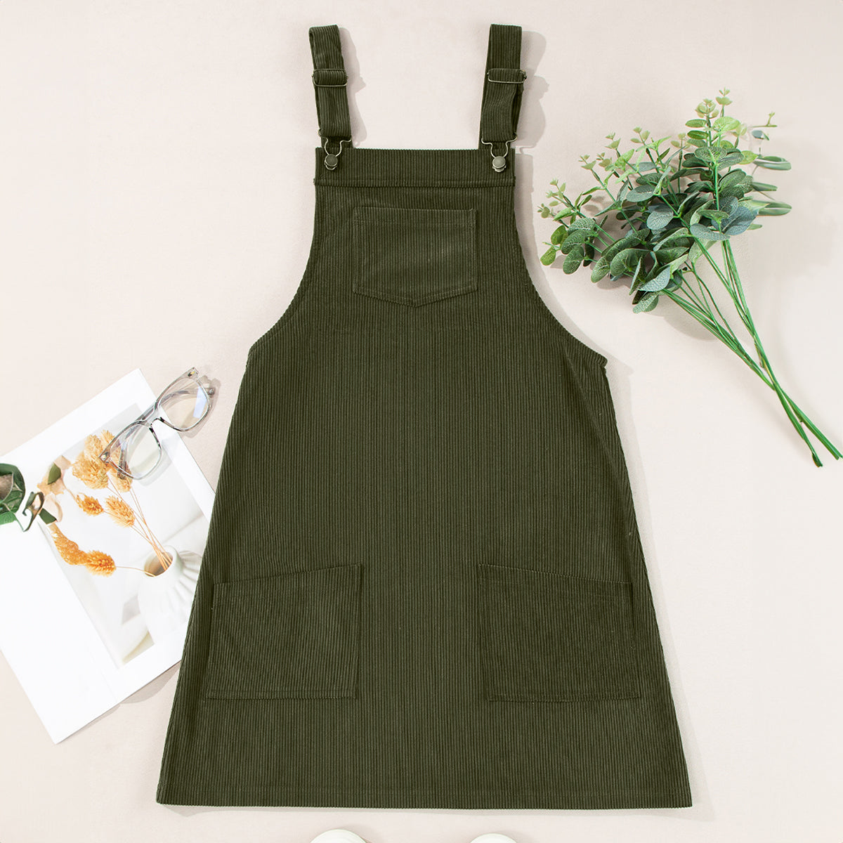 Vineyard Green Solid Front Pockets Sleeveless Corduroy Overall Dress