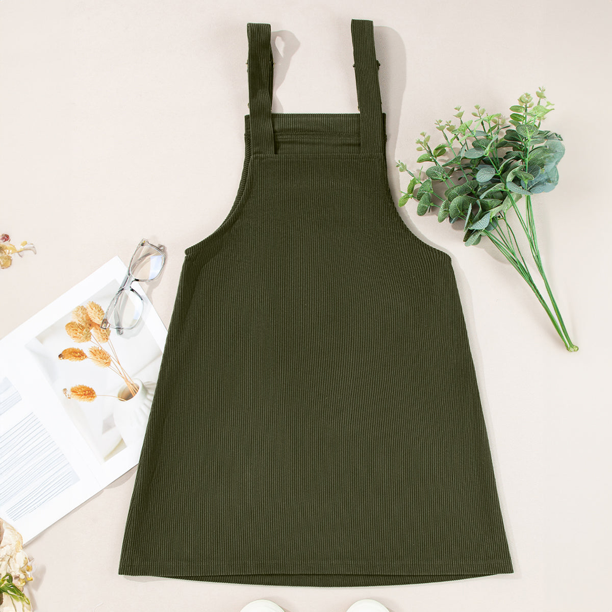 Vineyard Green Solid Front Pockets Sleeveless Corduroy Overall Dress