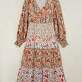 Khaki Floral Print Ruffled Tiered Long Sleeve V Neck Midi Dress