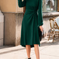Blackish Green Solid Color Ruched Detail Long Sleeve Midi Dress