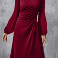 Burgundy Solid Color Ruched Detail Long Sleeve Midi Dress