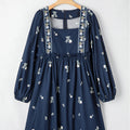 Blue Floral Embroidered Square Neck Puff Sleeve Ruffled Mini Dress