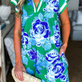Bright Green Contrast Floral Print Collared V Neckline Ruffled Cap Sleeve Shift Dress with Pockets