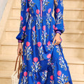 Blue Floral Print Striped Trim Split Neck Long Sleeve Ruffle Hem Midi Dress
