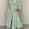 Green Stripe V Neck Zip Front Cinched High Waist Midi Dress