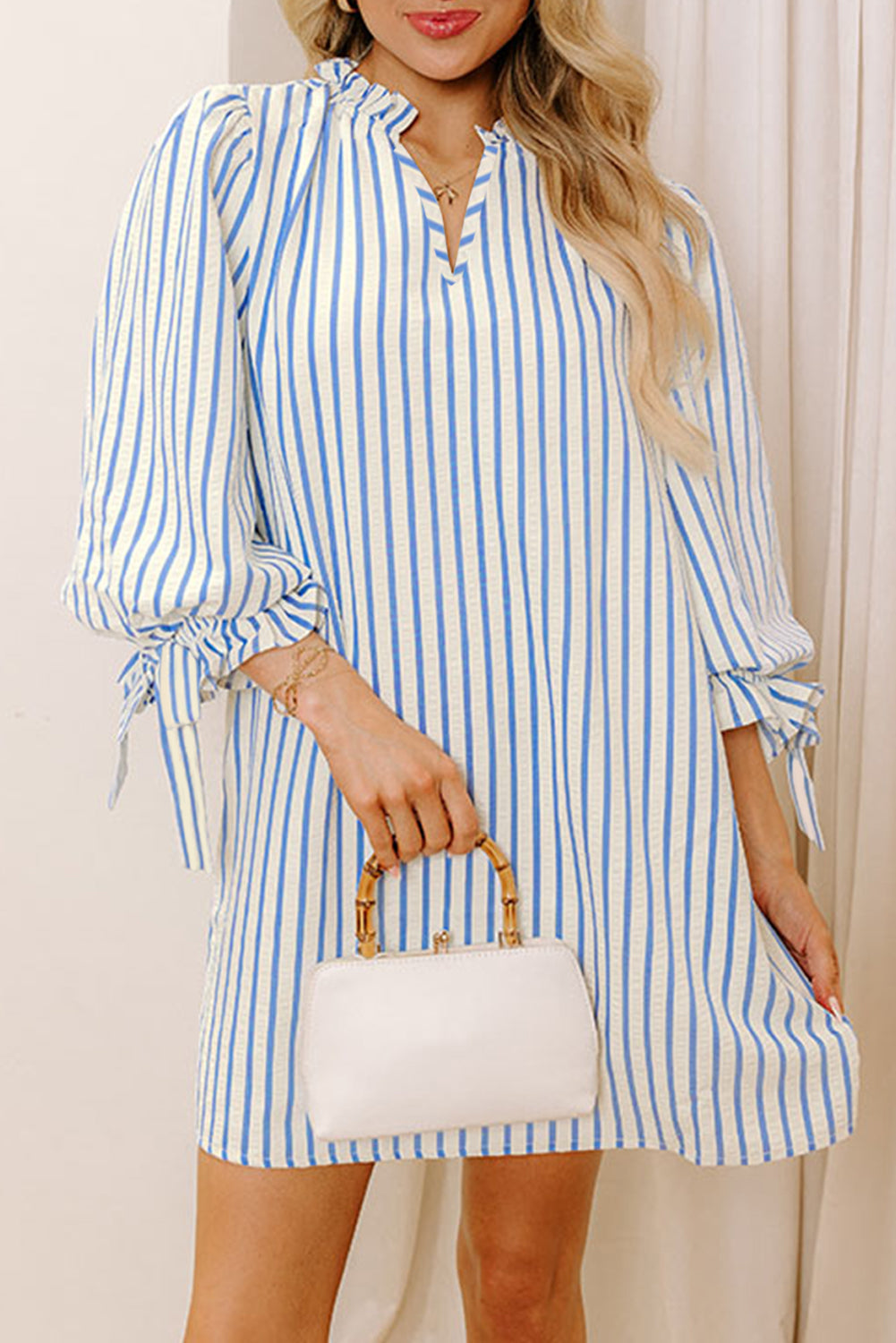 Sky Blue Stripe Knotted Bracelet Sleeve Notched Neck Shift Mini Dress