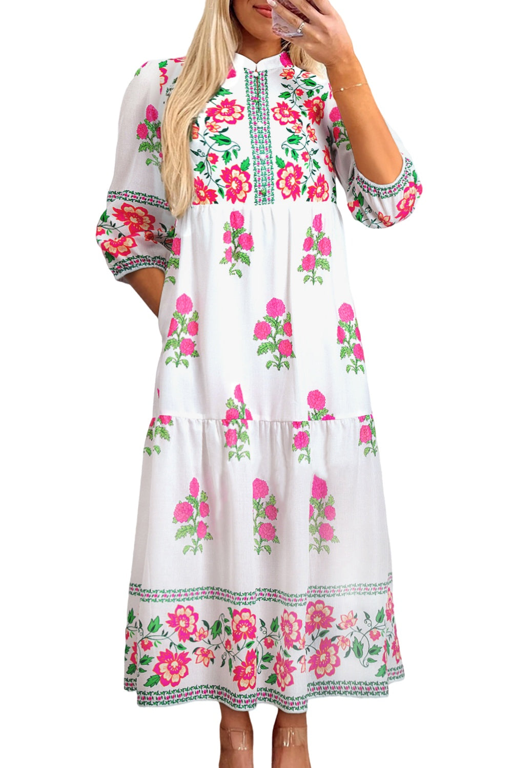 White Floral Print Half Button Mandarin Neck 3/4 Sleeve Maxi Dress