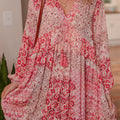 Pink Bohemian Floral Print Tassel Tie Long Sleeve Flowy Mini Dress