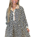 Multicolour Button Striped Collar Leopard Print Long Sleeve Flared Dress