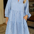 Sky Blue Stripe Bracelet Sleeve Tiered Shift Dress with Pockets