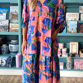 Blue Floral Print 3/4 Sleeve V Neck Tiered Long Dress