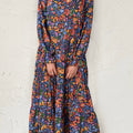 Blue Floral Print Tassel Tie V Neck Long Sleeve Flowy Long Dress