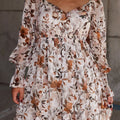 White Floral Print Sweetheart Neck Long Sleeve High Waist Mini Dress
