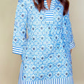 Sky Blue Contrast Striped Trim Floral Shift Fit Fall Dress