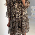 Khaki Leopard 3 4 Sleeve V Neck Swing Dress