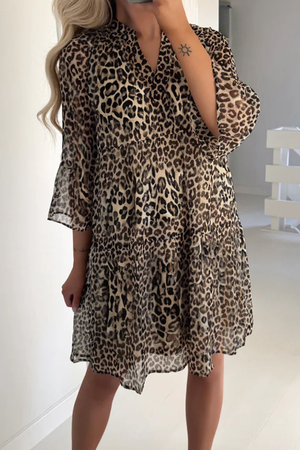 Khaki Leopard 3 4 Sleeve V Neck Swing Dress