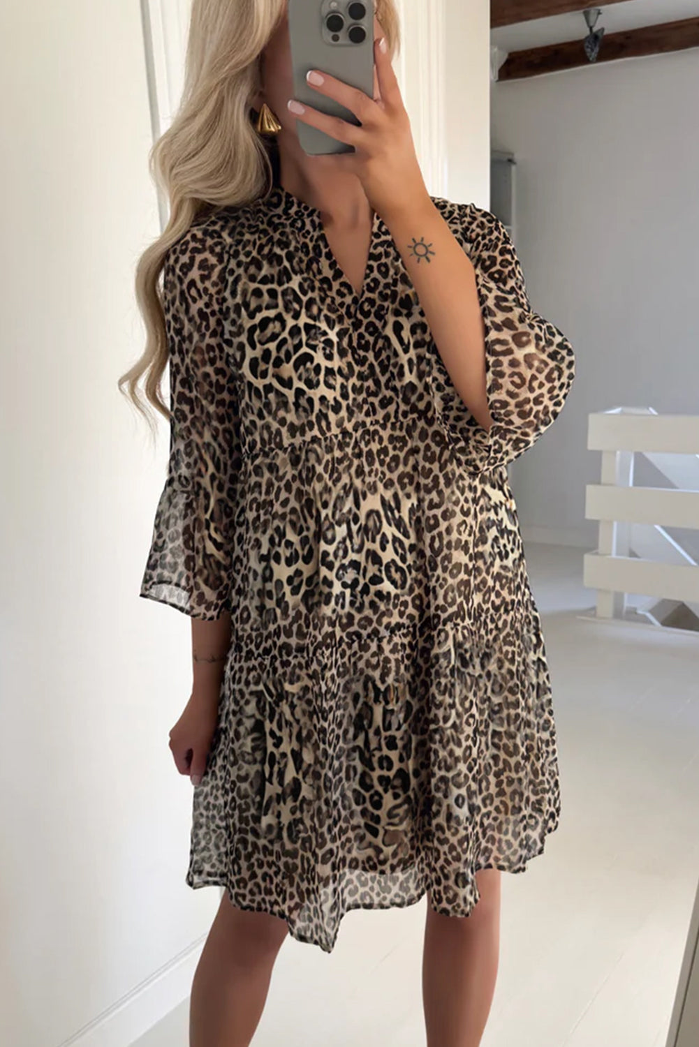 Khaki Leopard 3 4 Sleeve V Neck Swing Dress