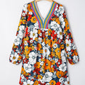 Orange Floral Print Striped Lace V Neck Long Sleeve Mini Dress