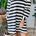 Black Stripe Polo Neck Shift Fit Sweatshirt Dress with Side Pockets