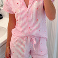 Pink Striped Tiny Hearts Printed Lapel Collar Shirt Style Short 2pcs Pajama Set