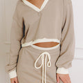 Parchment Raw Edge Detail Colorblock Patchwork Cropped Pullover Drawstring Skirt Set