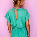 Sea Green Mineral Wash Drawstring Waist Hollow Out Back Short Sleeve Romper