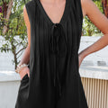 Black white Tie V Neck Pintuck Sleeveless Loose Romper