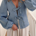 Dusk Blue Tied Front Long Puff Sleeve Denim Top