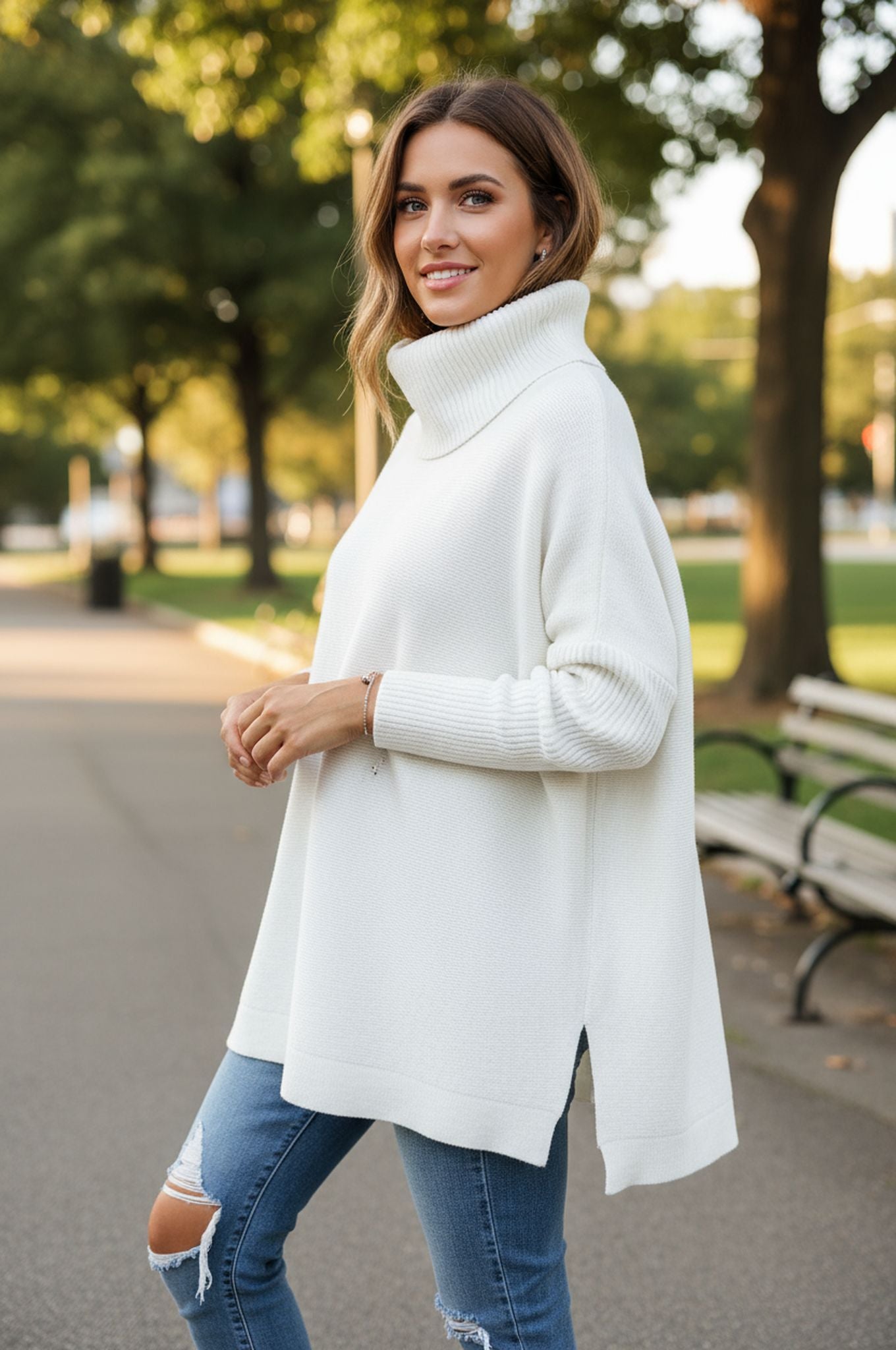 Length Bat Sleeve Hem Tunic Pullover Sweater Knitted Girl