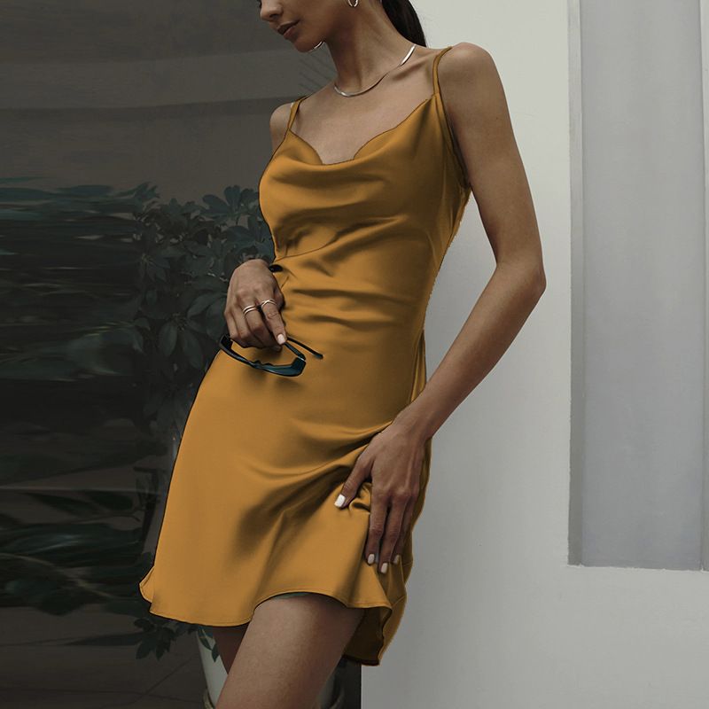 Skirt With Elegant Temperament, Pocket Collar, Satin Basic Backless Slip Dress