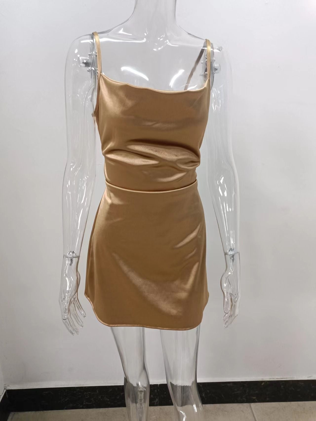 Skirt With Elegant Temperament, Pocket Collar, Satin Basic Backless Slip Dress