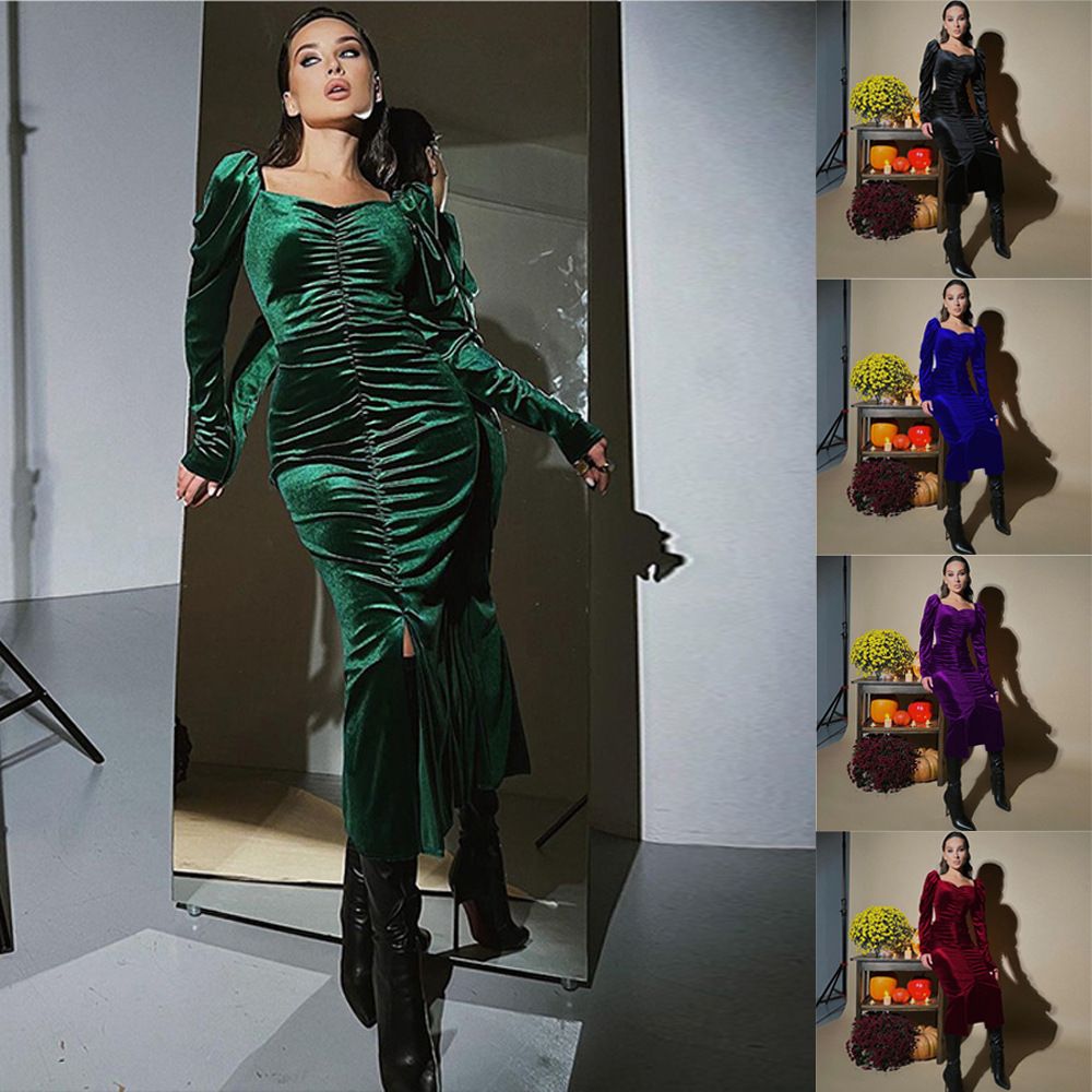 New Fashion Temperament Pleated Slim Slit Long Sleeve Dress Foreign Trade