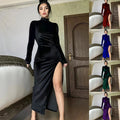 High-Neck Velvet Dress Slim Pleated Slit Dress