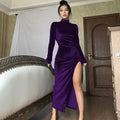 High-Neck Velvet Dress Slim Pleated Slit Dress