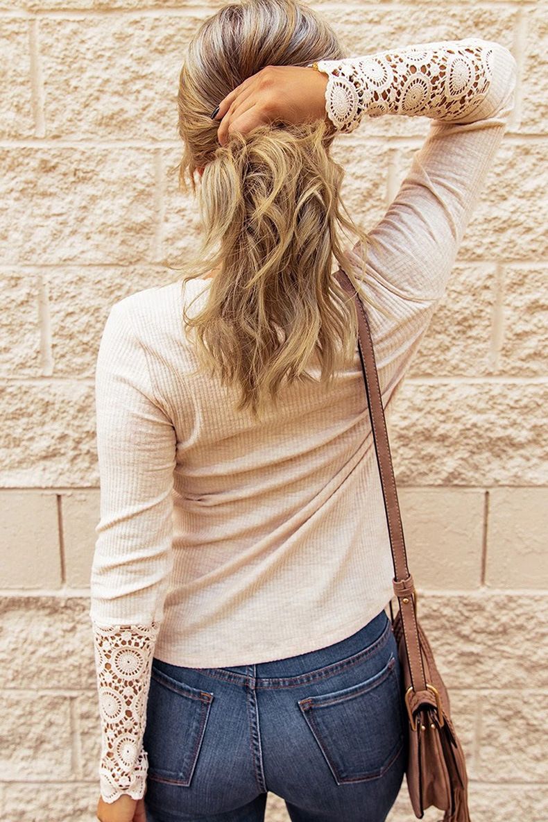 Crew Neck Buttons, Patchwork Lace Sleeves, Loose Solid Color, Long Sleeve T-Shirt