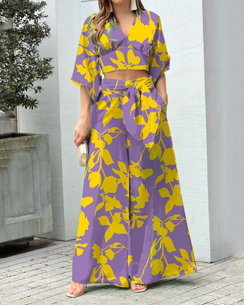 V-Neck, Lantern Sleeve Cropped Top, High-Waisted Wide-Leg Pants, Two-Piece Set