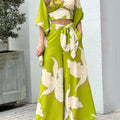 V-Neck, Lantern Sleeve Cropped Top, High-Waisted Wide-Leg Pants, Two-Piece Set