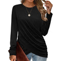 T-Shirt Casual Crew Neck Cross Pleats Loose Long Sleeves