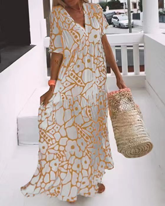 New Printed Short Sleeve Deep V-Neck Long Dress For Women