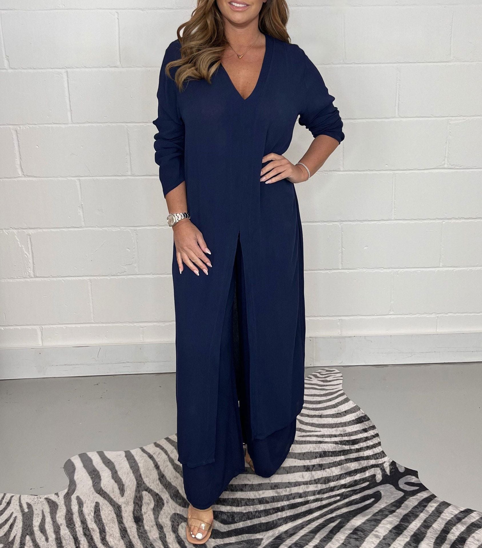 Slit Solid Color Casual Long Top Trouser Suit For Women