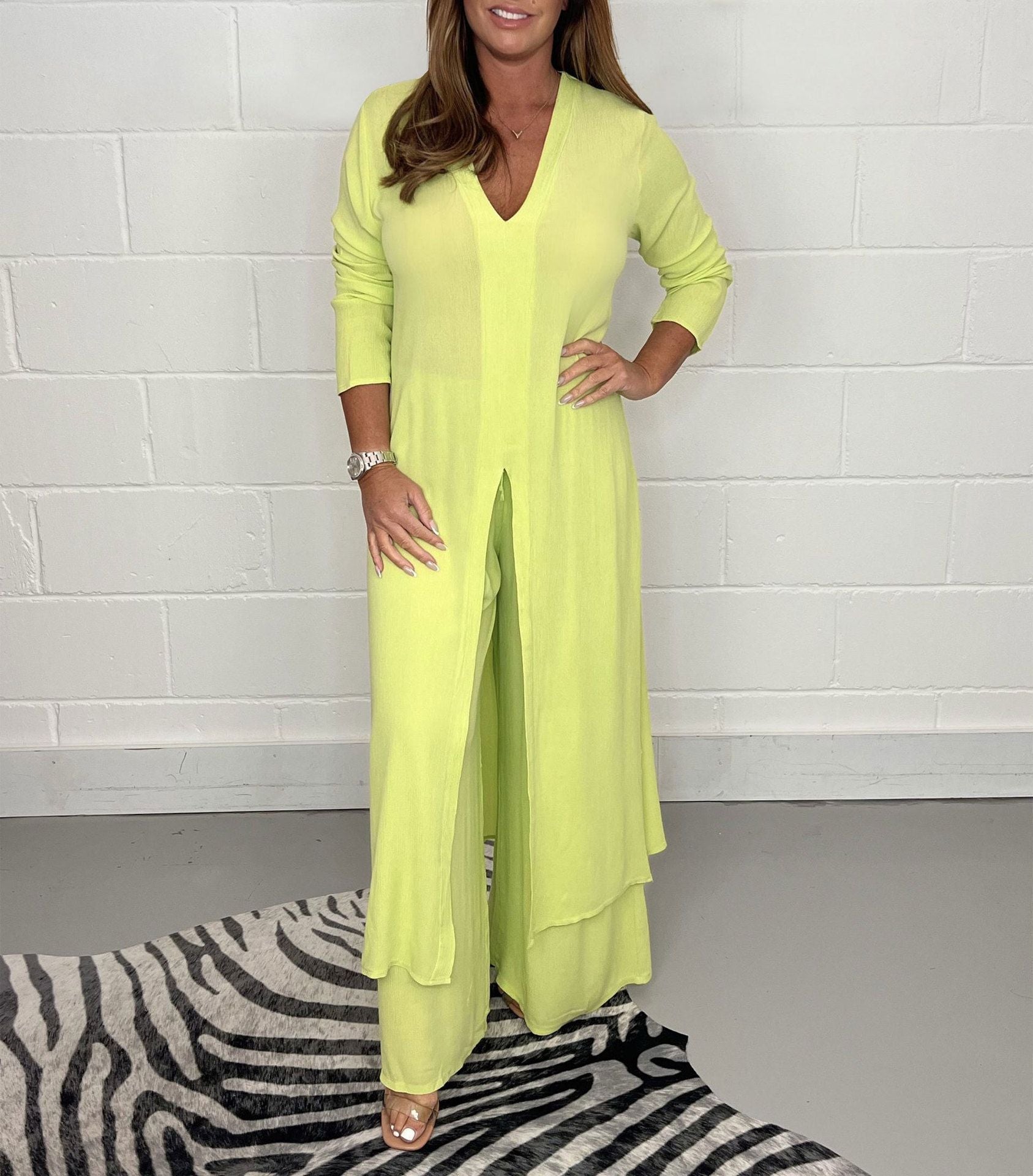 Slit Solid Color Casual Long Top Trouser Suit For Women