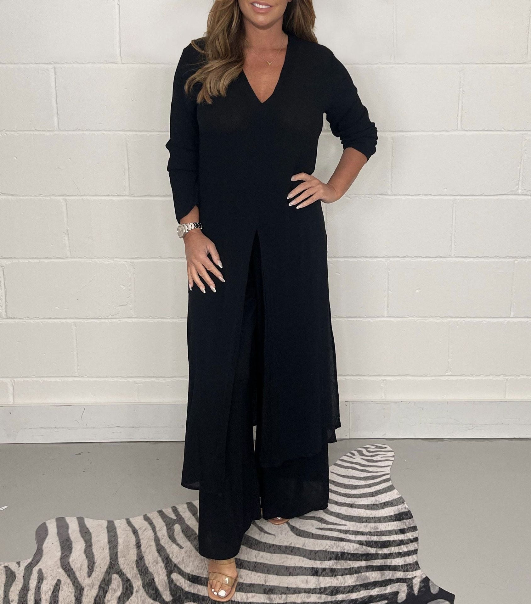 Slit Solid Color Casual Long Top Trouser Suit For Women