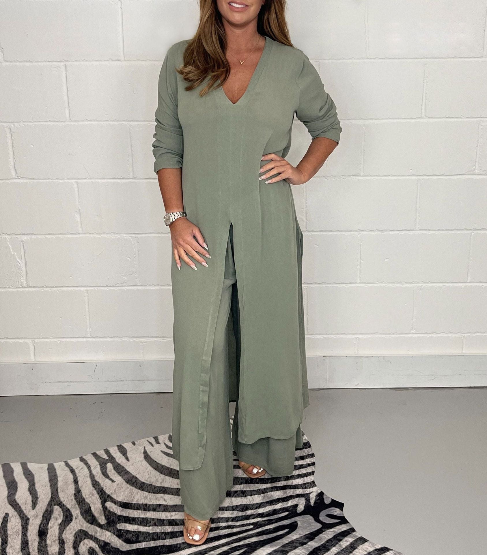Slit Solid Color Casual Long Top Trouser Suit For Women