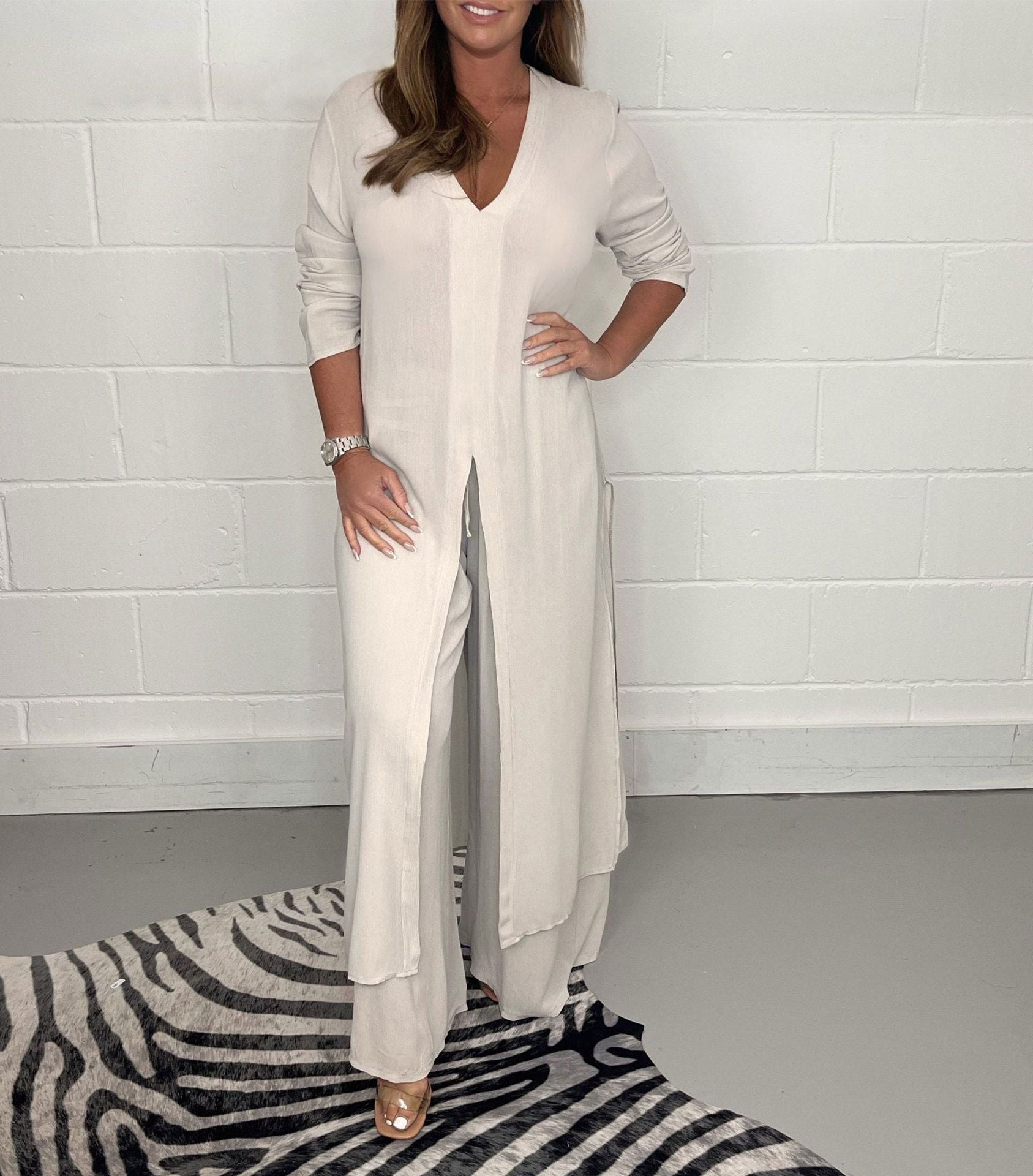 Slit Solid Color Casual Long Top Trouser Suit For Women