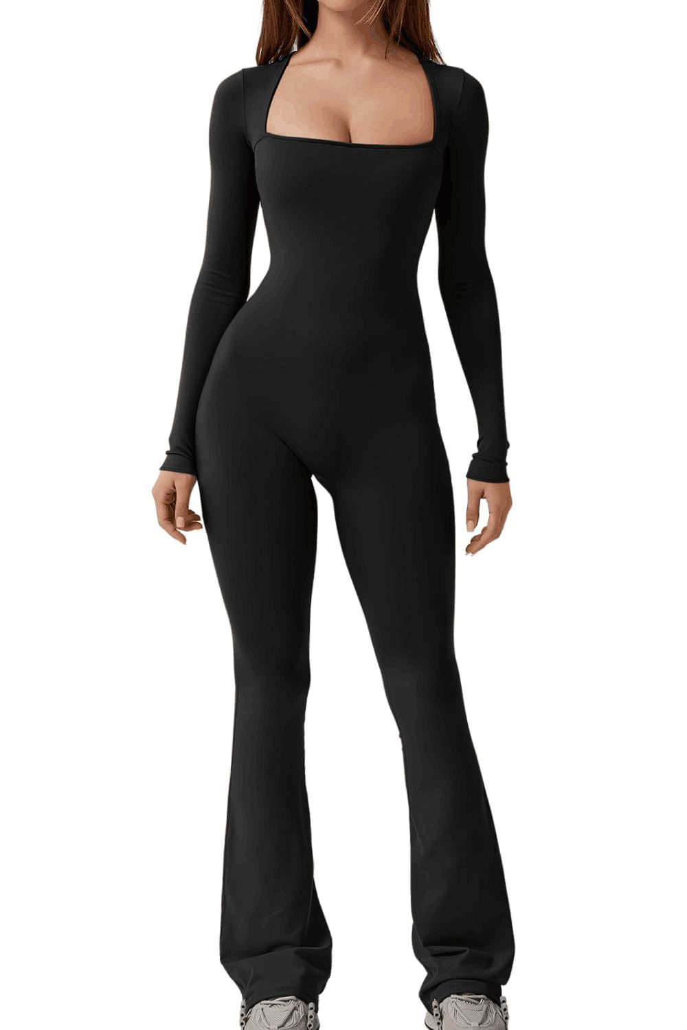 Long Sleeve Waist Tunic Hip Lift Square Collar Wide-Leg High-Elastic Jumpsuit