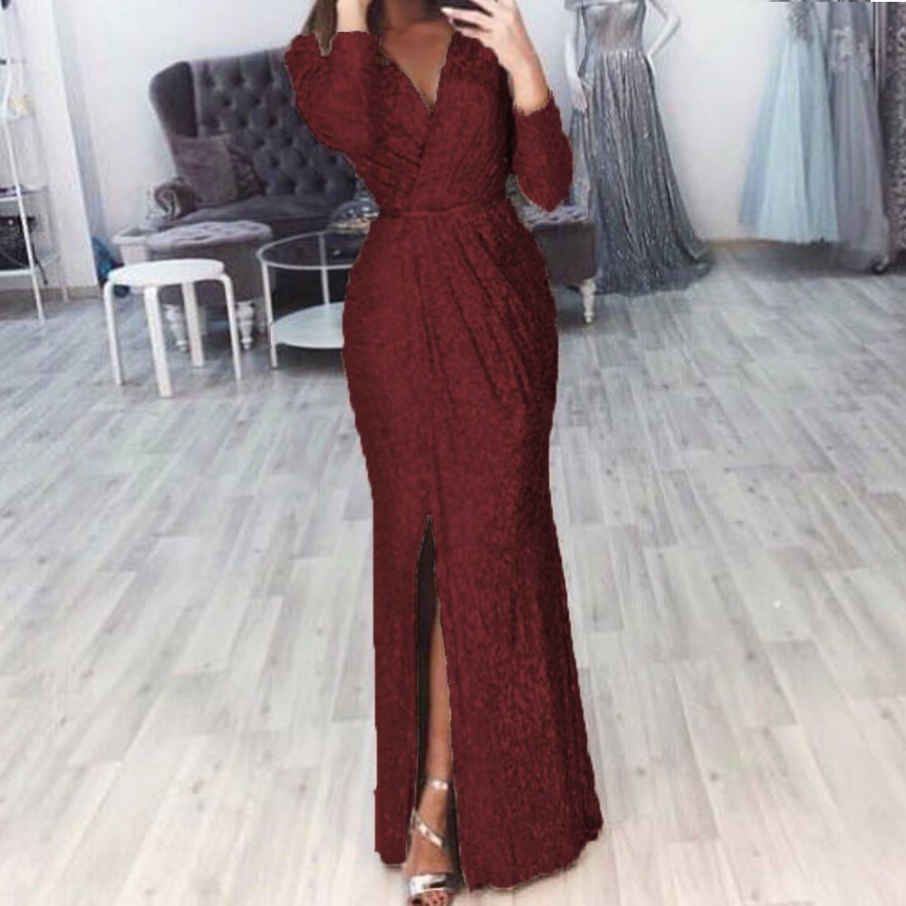 Long Skirt Evening Dress Deep V-Neck Sparkling Dress Skirt Dinner Sexy Dress