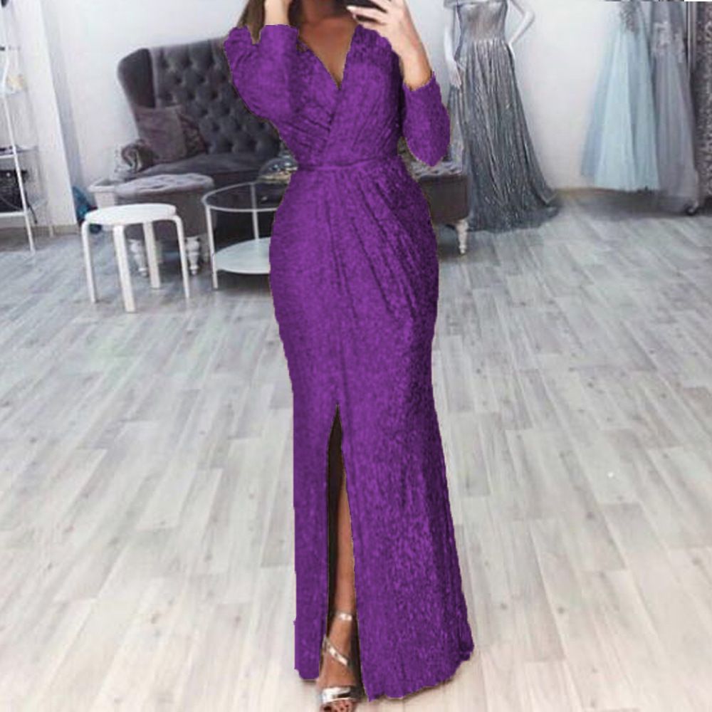 Long Skirt Evening Dress Deep V-Neck Sparkling Dress Skirt Dinner Sexy Dress