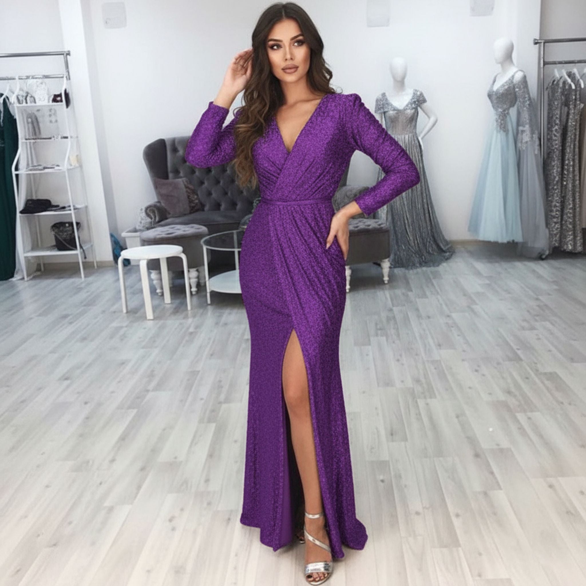 Long Skirt Evening Dress Deep V-Neck Sparkling Dress Skirt Dinner Sexy Dress